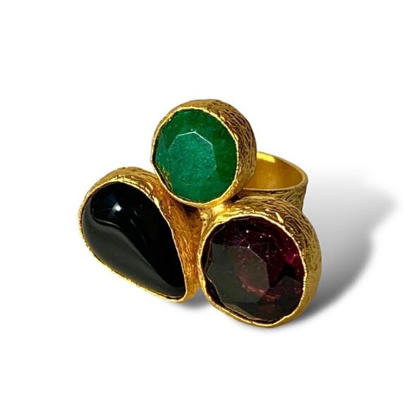 NEW Cocktail Ring 24K Gold Plated Onyx Amethyst Emerald Gem Cluster Adjustable - Picture 1 of 11